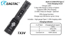 EAGTAC T Series TX3V Flashlight -Outlet Camping Store opplanet eagtac tx3v xhp70 2 flashlight 21700 5000mah li ion nw led 3317 lumen black tx3v xhp702 nw av 11