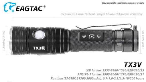 EAGTAC T Series TX3V Flashlight -Outlet Camping Store opplanet eagtac tx3v xhp70 2 flashlight 21700 5000mah li ion nw led 3317 lumen black tx3v xhp702 nw av 14