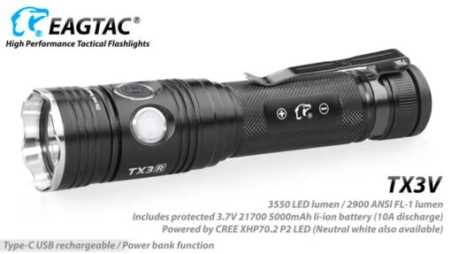 EAGTAC T Series TX3V Flashlight -Outlet Camping Store opplanet eagtac tx3v xhp70 2 flashlight 21700 5000mah li ion nw led 3317 lumen black tx3v xhp702 nw av 6