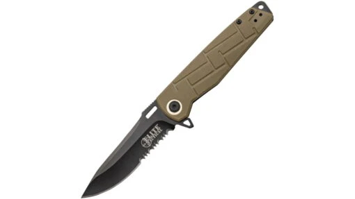 Elite Tactical Readiness Spring Assisted Knives -Outlet Camping Store opplanet elite tactical tactical linerlock folding knife 3 5in black finish partially serrated 8cr13mov stainless blade tan tan textured nylon handle et a001tns main